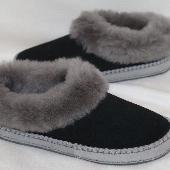 NIB UGG WRIN BLACK SUEDE SHEARLING SLIPPERS - Picture 6 of 8